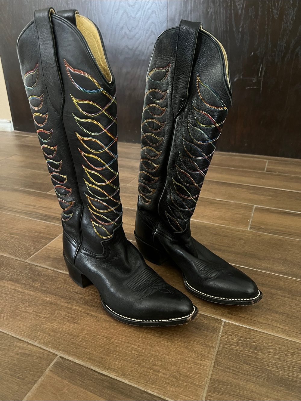 Justin Boots Black Leather Boots with Multicolor Stitching